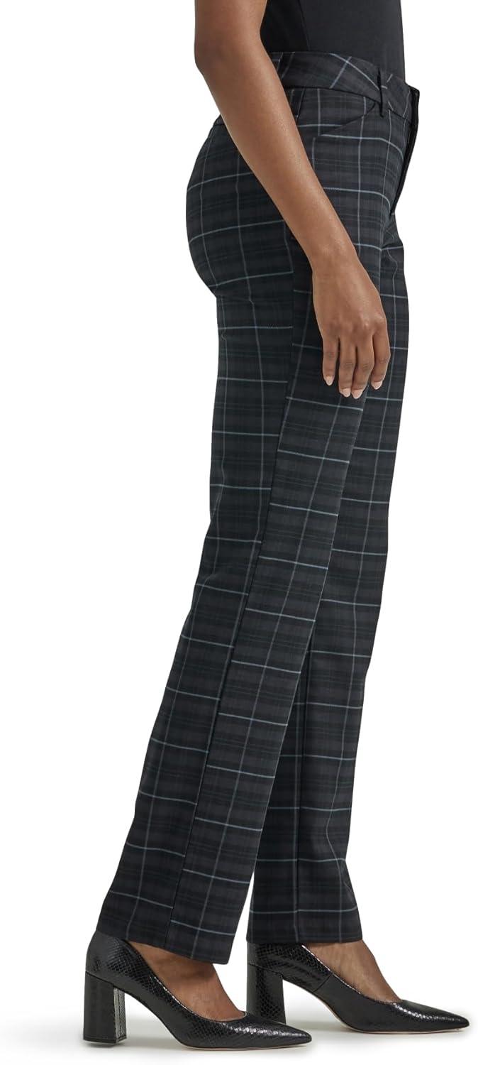 imageLee Womens Petite Wrinkle Free Relaxed Fit Straight Leg PantBlackCharcoal Plaid