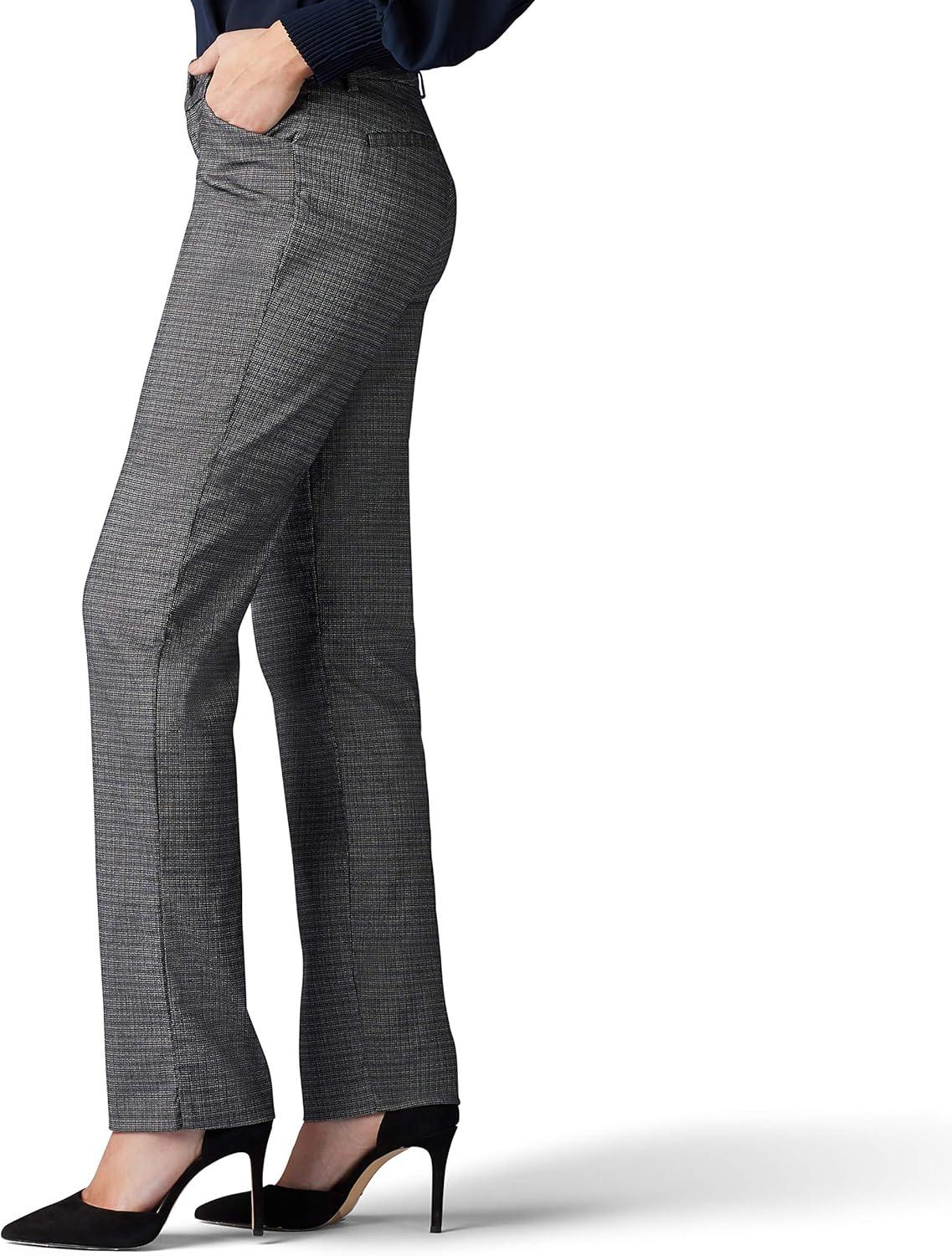imageLee Womens Petite Wrinkle Free Relaxed Fit Straight Leg PantBlackWhite Rockhill Plaid