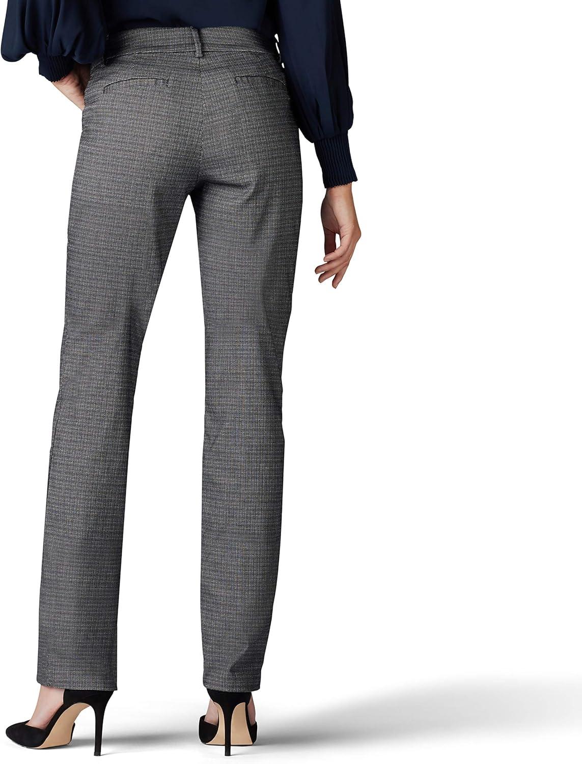 imageLee Womens Petite Wrinkle Free Relaxed Fit Straight Leg PantBlackWhite Rockhill Plaid
